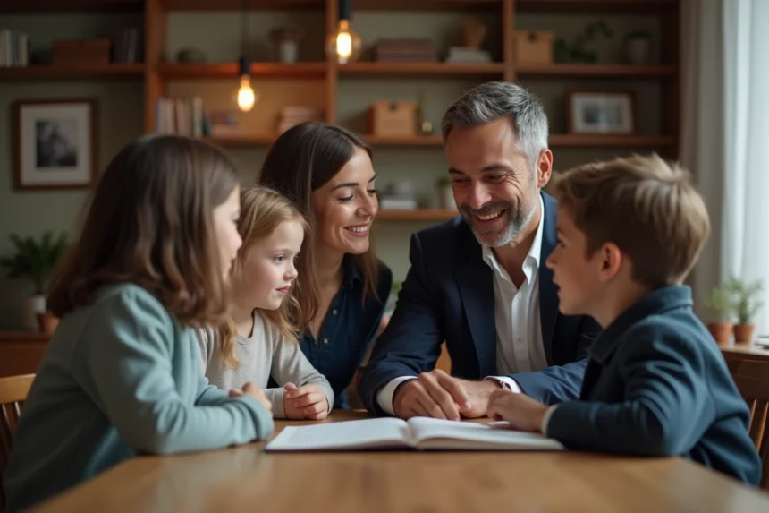 Famille souriante autour d'une table chaleureuse