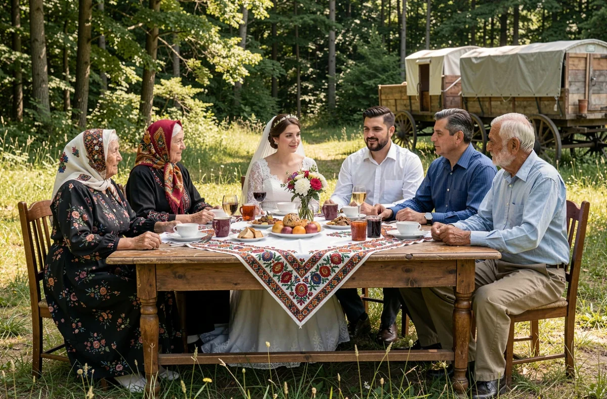 Rassemblement familial gitan autour d'une table lors d'un mariage traditionnel en plein air, trois générations réunies dans un cadre champêtre