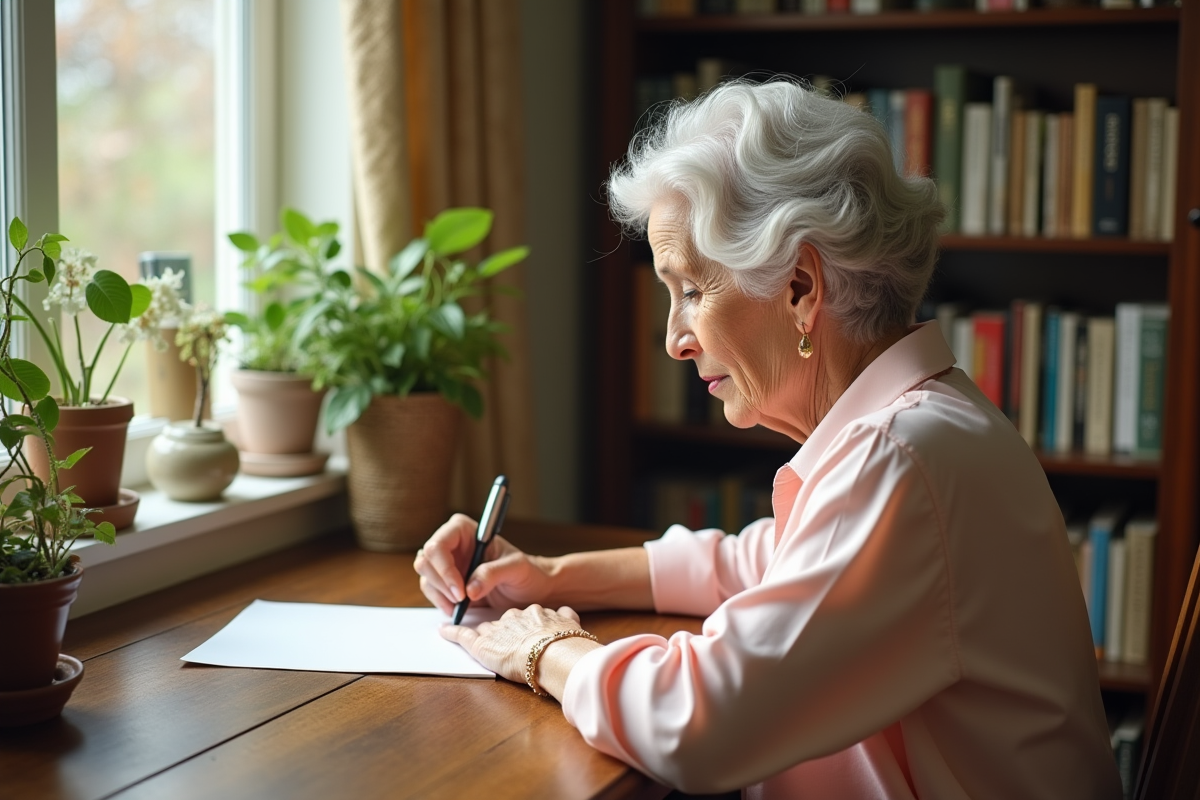 Femme âgée écrivant une carte de mariage près d