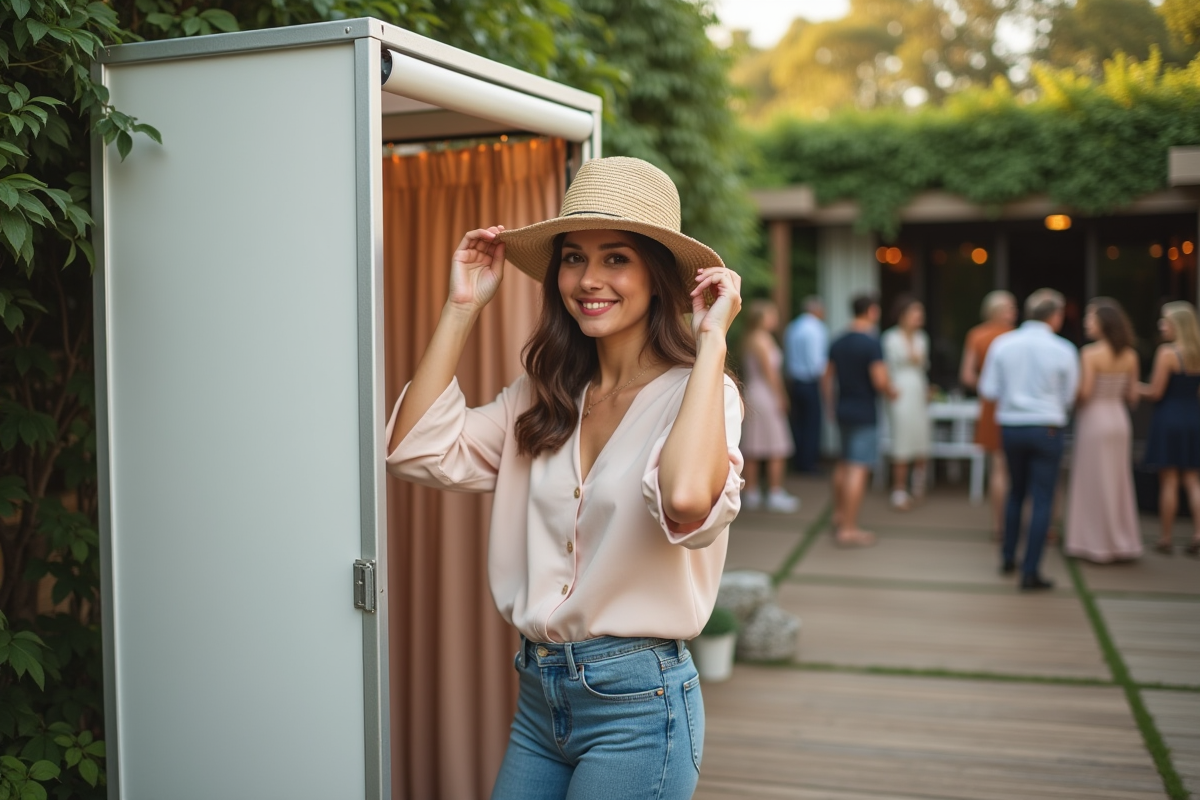 Jeune femme ajustant un chapeau devant un photobooth en extérieur