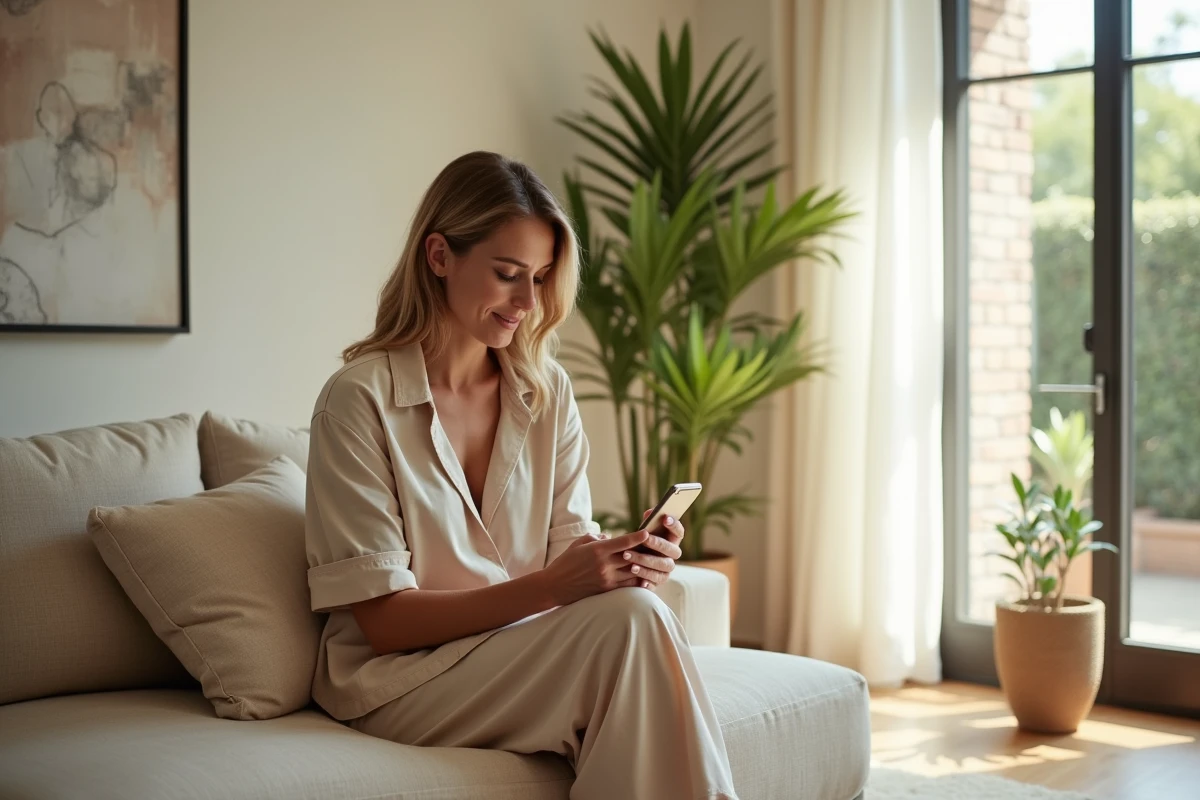Femme célèbre seule dans un salon moderne de Los Angeles, symbolisant la vie privée et la réflexion personnelle d'une star de télé-réalité
