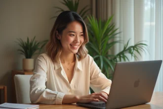 Jeune femme consultant un site de mariage élégant sur son ordinateur portable depuis un bureau en bois chaleureux