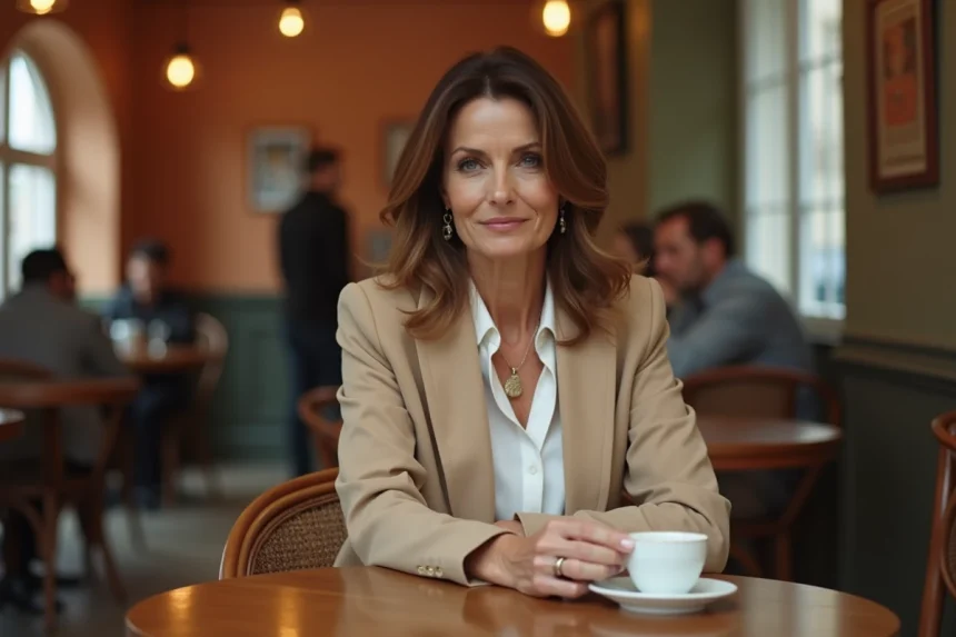 Femme réfléchie assise seule dans un café parisien, évoquant la discrétion et le respect de la vie privée