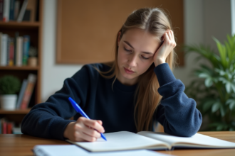 Jeune femme concentrée en écrivant dans un bureau à domicile