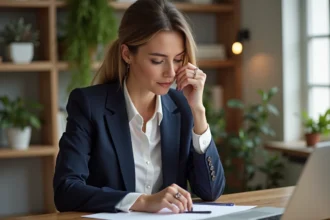 Femme élégante portant une bague au bureau lumineux
