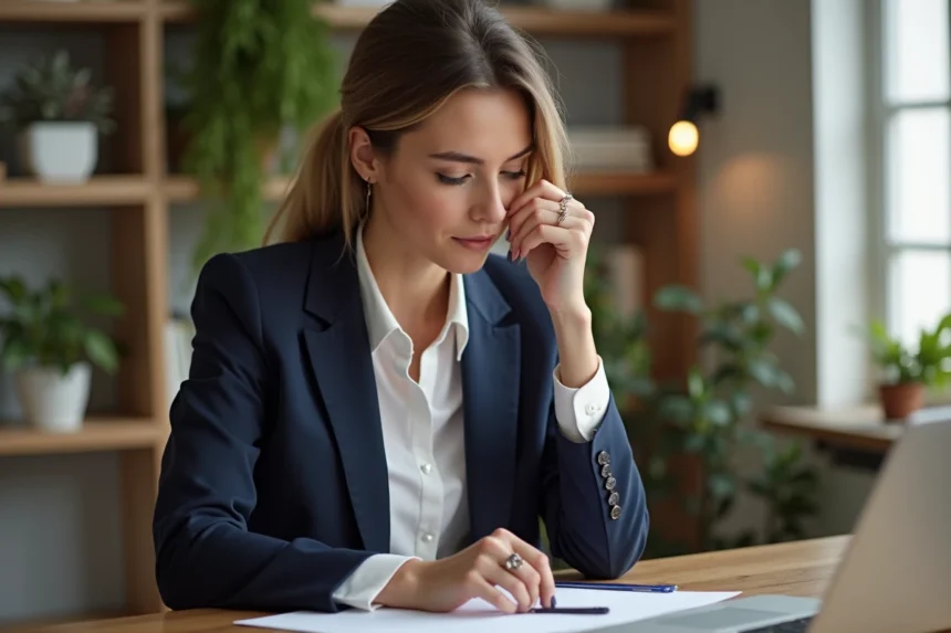 Femme élégante portant une bague au bureau lumineux