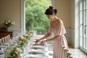 Femme souriante en robe pastel arrangeant la vaisselle élégante