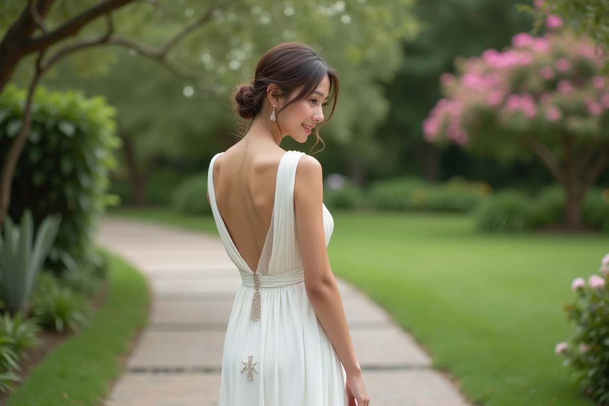 Femme dans un jardin portant une robe blanche avec monogramme