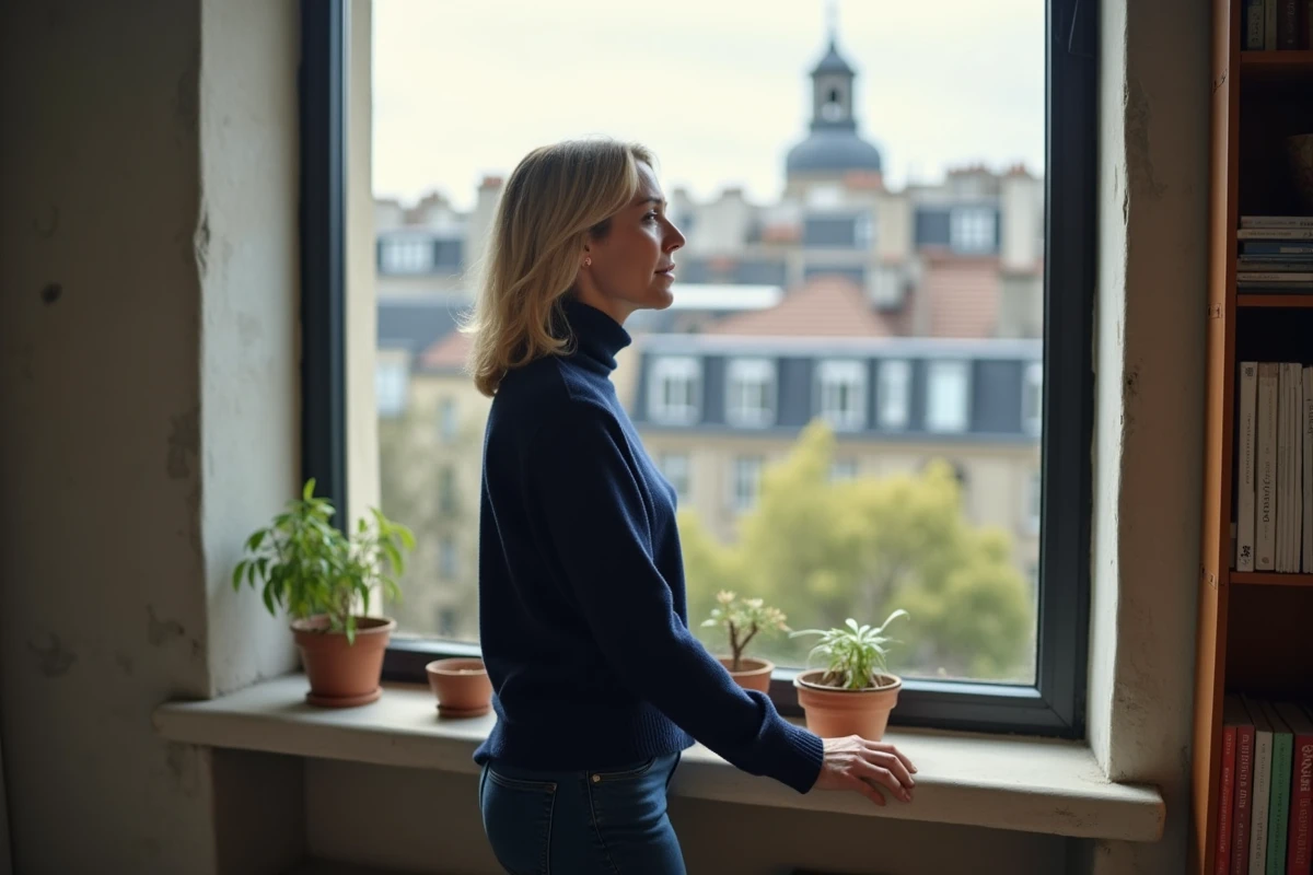 Femme de dos regardant par la fenêtre dans un appartement parisien, illustrant la notion d'intimité et de vie privée préservée