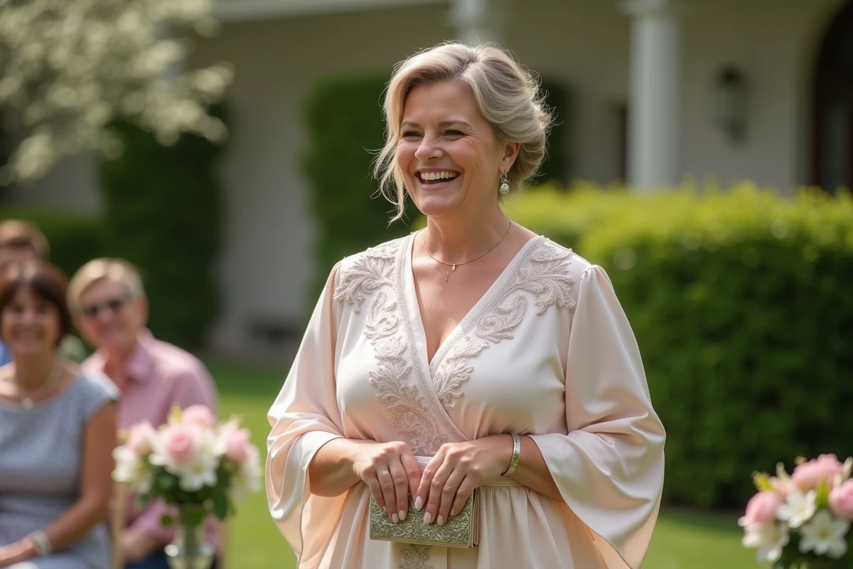 Femme souriante en robe pastel lors d un mariage en plein air