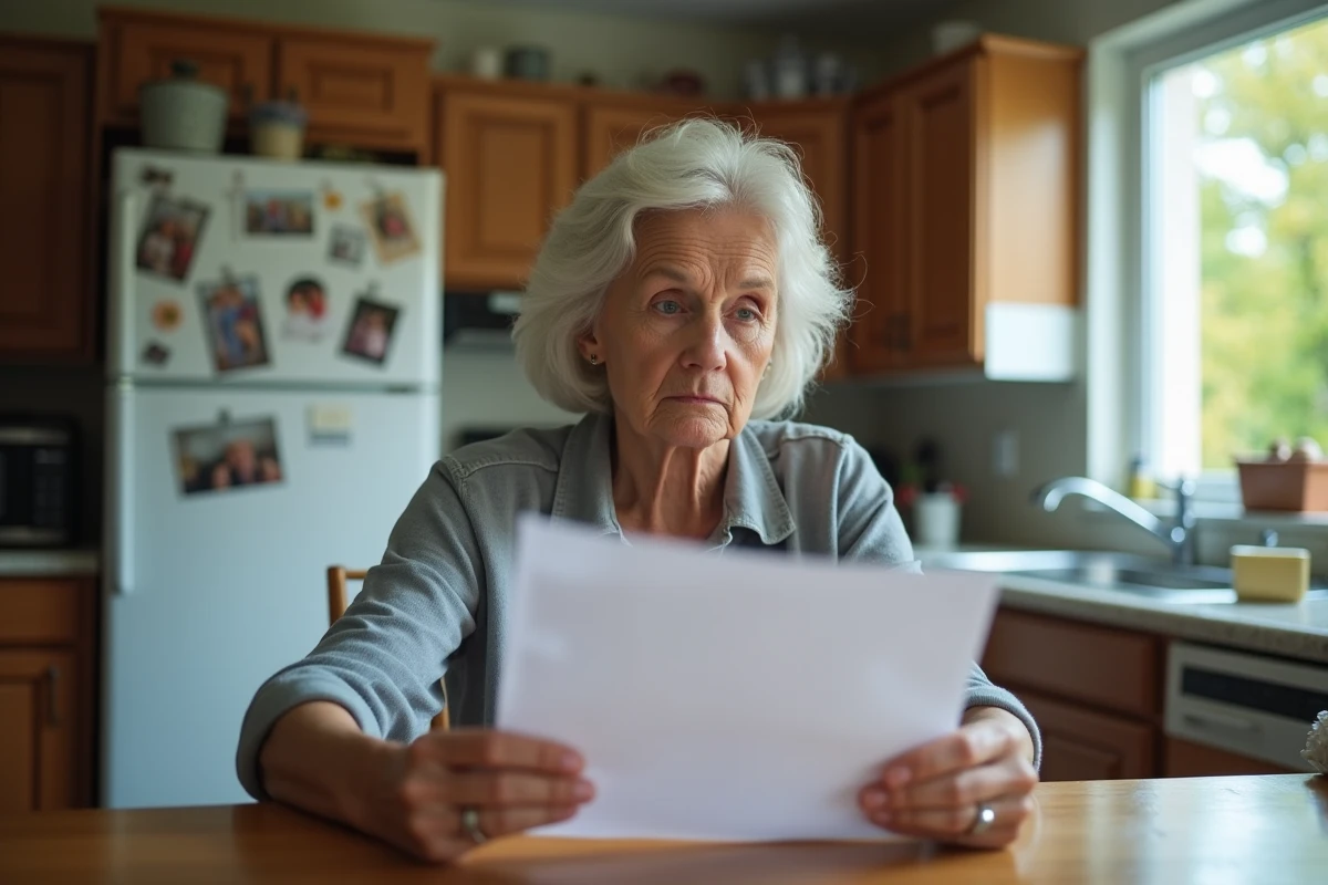 Femme regardant une annonce de mariage dans sa cuisine