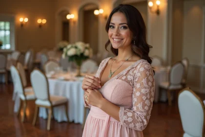 Femme confiante en robe de mariée élégante et dentelle