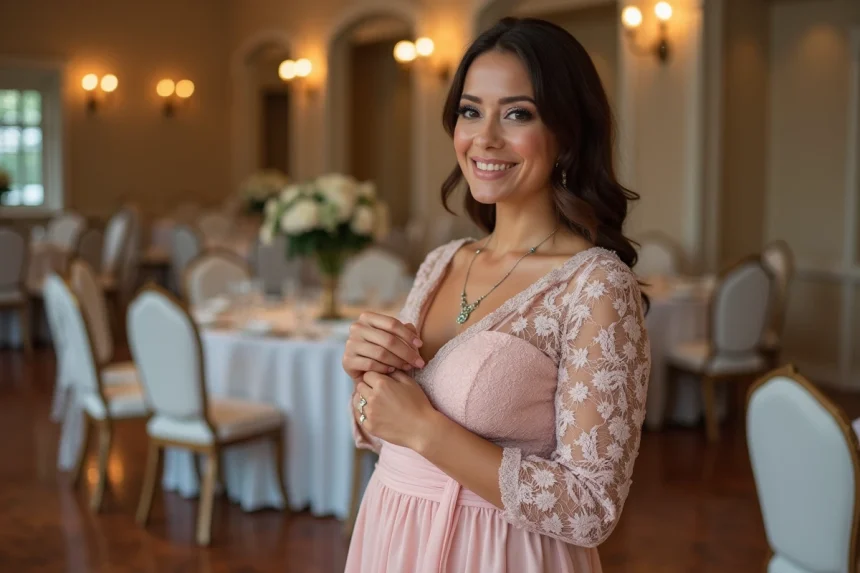 Femme confiante en robe de mariée élégante et dentelle