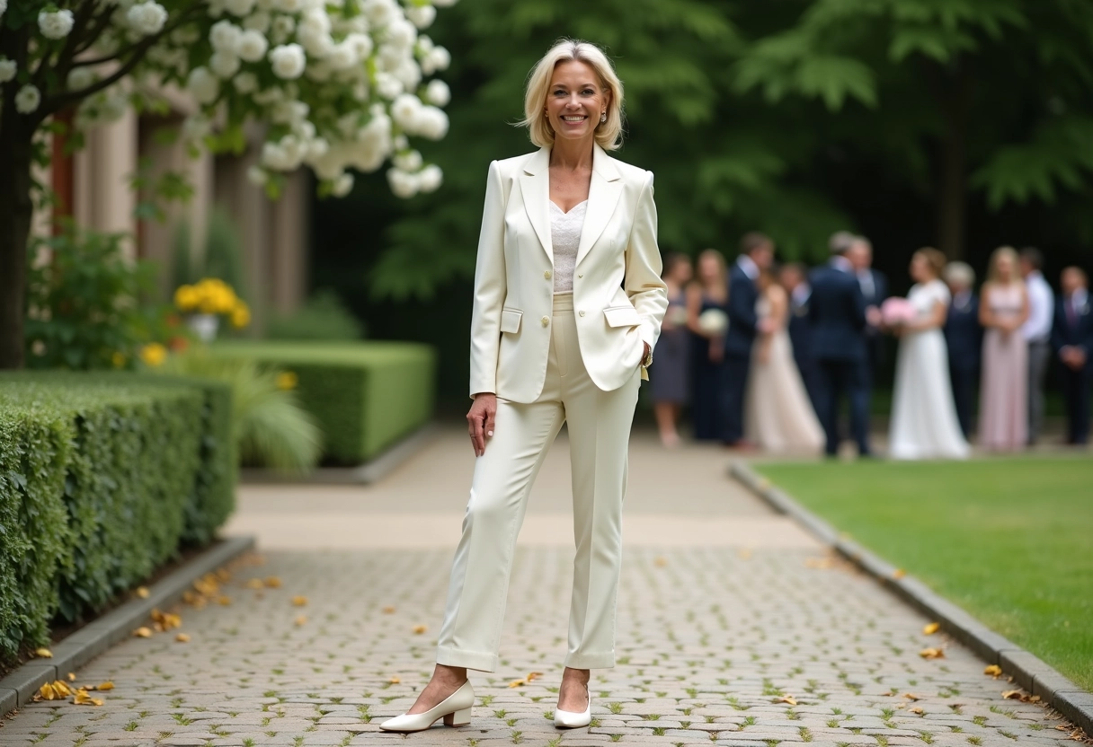 Femme mature en costume pastel porte des chaussures de mariage