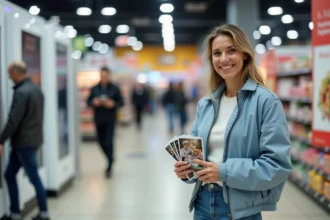 Femme souriante avec impressions photo près du kiosque en supermarche