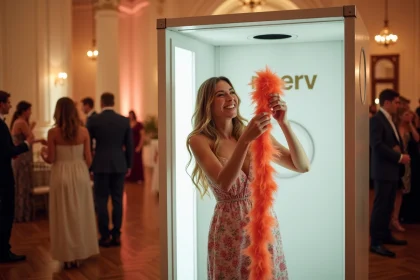 Femme souriante posant dans un photobooth KRUU lors d'un mariage avec accessoires colorés