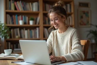 Jeune femme cherchant une robe de mariée pas chère sur un site internet depuis son bureau à domicile