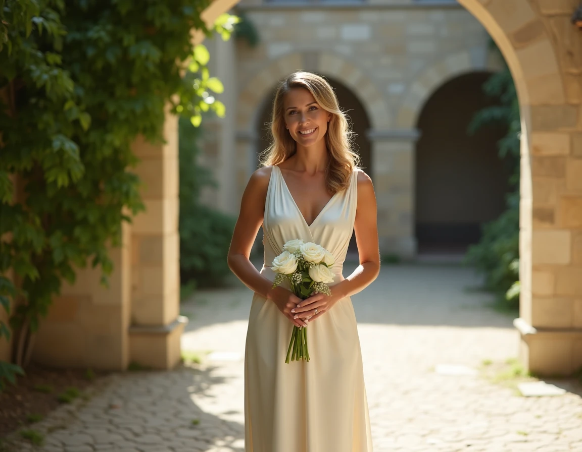 Femme en robe de soirée ivoire tenant un bouquet de roses blanches dans la cour d'un château en pierre, image évocatrice d'un mariage discret et élégant