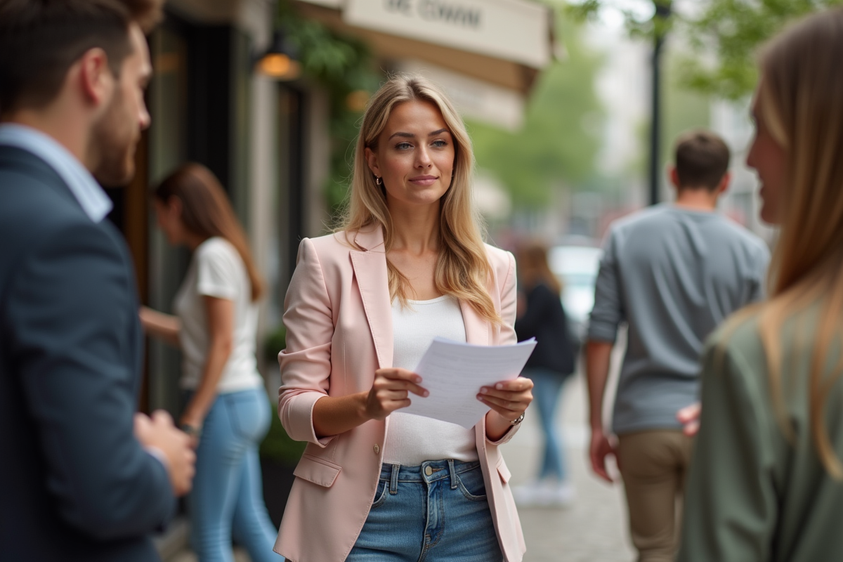 Jeune femme en extérieur scannant une note de groupe