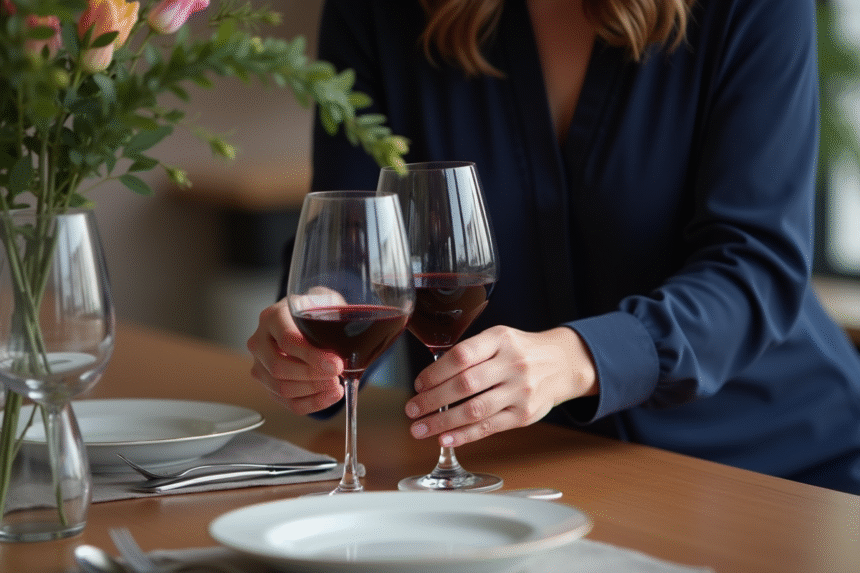 Femme élégante en blouse bleue arrangeant un verre de vin rouge