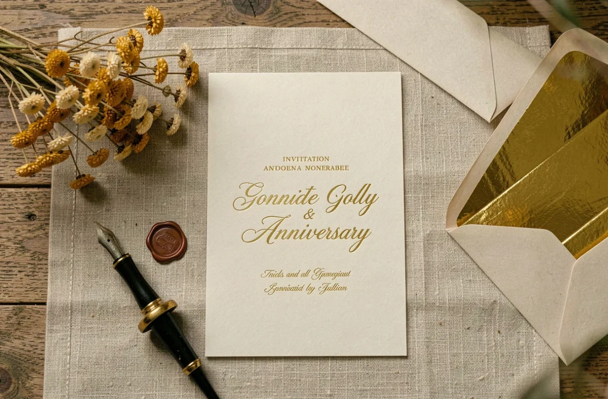 Invitation de noces d'or en vue de dessus avec stylo plume, fleurs séchées dorées et enveloppes sur table en bois