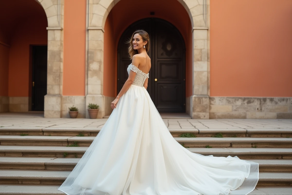 Future mariée en robe longue abordable posant dans une traboule lyonnaise avec un rendu élégant et naturel