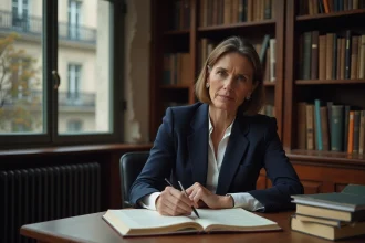 Journaliste et écrivaine française concentrée dans son bureau privé entouré de livres, evoquant l'univers intellectuel de Gabrielle Cluzel