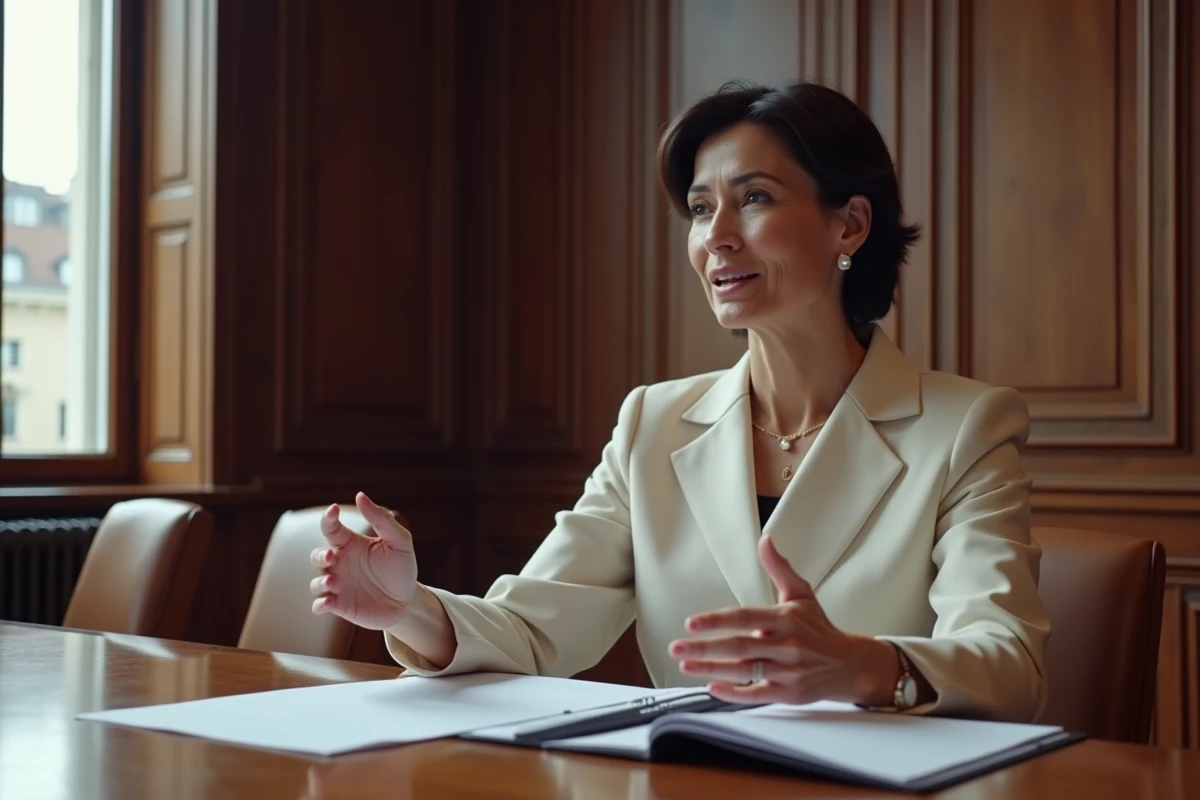 Femme journaliste prenant la parole lors d'une discussion intellectuelle dans une salle de conférence parisienne, en référence à l'engagement public de Gabrielle Cluzel