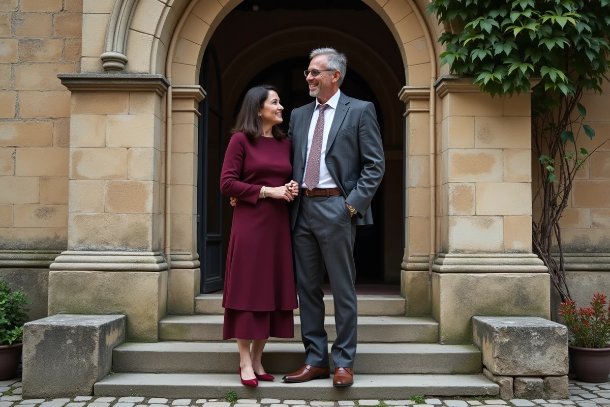 Couple élégant devant une église française en pierre, illustrant l'union et les valeurs culturelles évoquées dans la vie de Gabrielle Cluzel