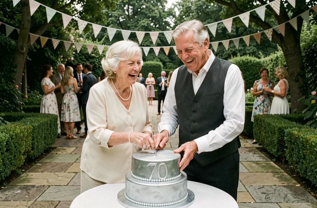Couple âgé coupant le gâteau de leurs 70 ans de mariage lors d'une fête de jardin décorée pour la noce de platine