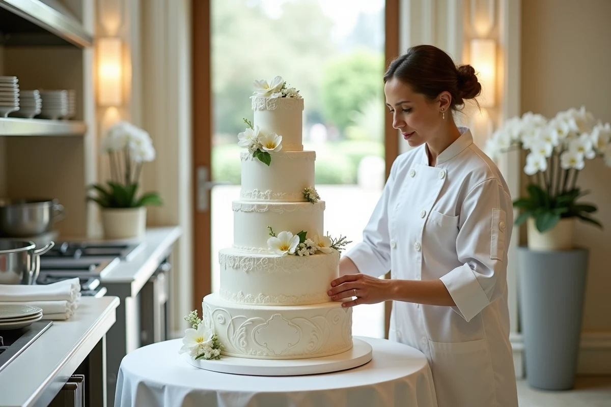Pâtissière positionnant un gâteau de mariage à plusieurs étages dans l'espace traiteur d'une salle de réception
