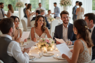 Groupe d'amis souriants lors d'un mariage élégant en intérieur
