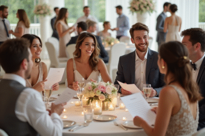 Groupe d'amis souriants lors d'un mariage élégant en intérieur