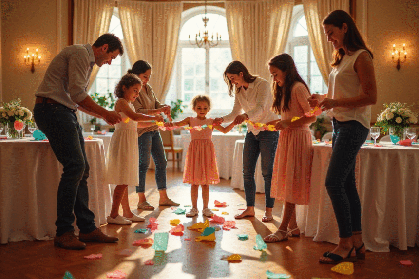 Groupe de personnes décorant une salle de fête joyeusement