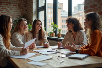Femmes riant autour d'une table en intérieur cosy