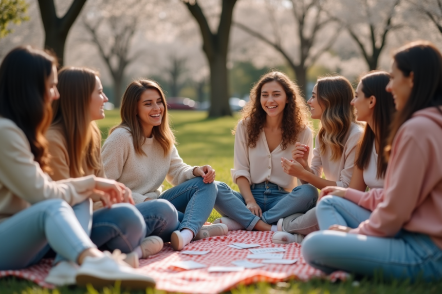 Femmes riant lors d'un pique-nique en ville