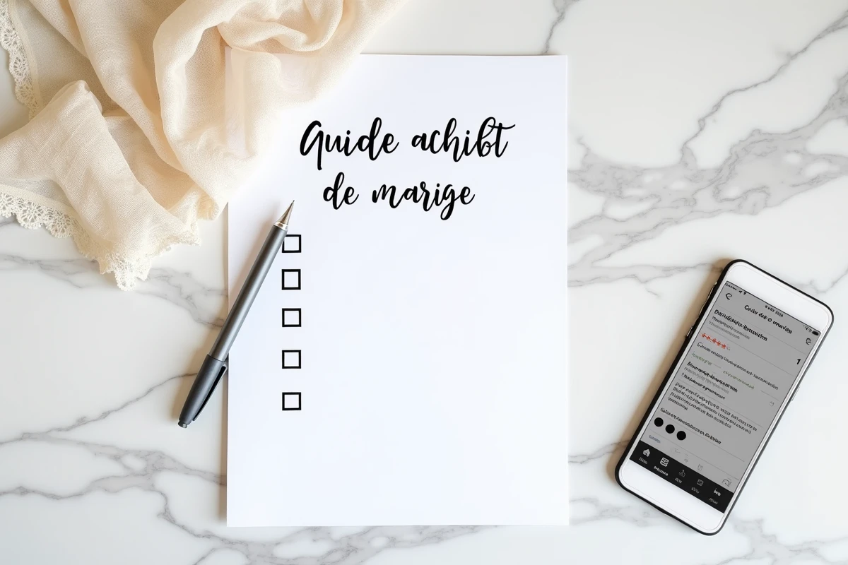 Flat lay d'un guide d'achat de robe de mariée pas chère avec smartphone affichant des avis clients et échantillon de dentelle