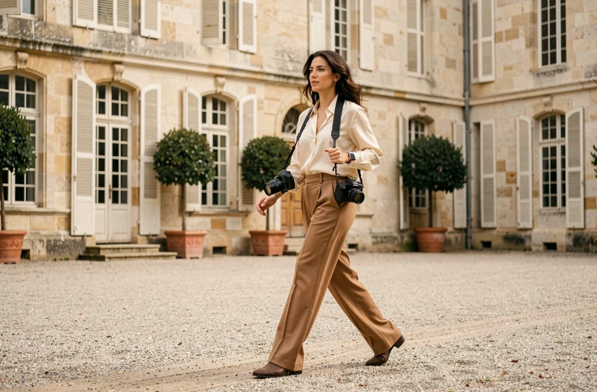 Photographe de mariage féminine traversant la cour d'un château normand avec deux appareils photo en bandoulière