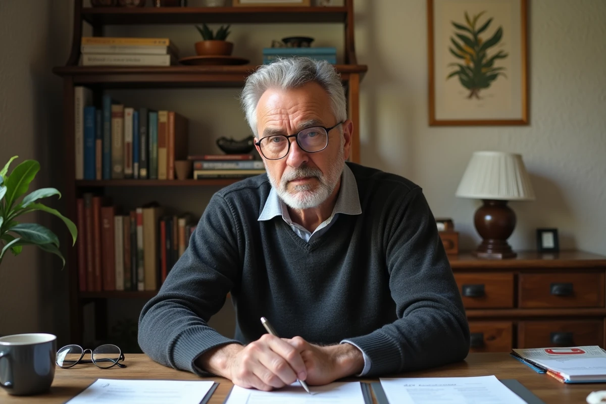 Homme concentré dans un bureau personnel entouré de livres, examinant des documents dans une atmosphère authentique et intimiste