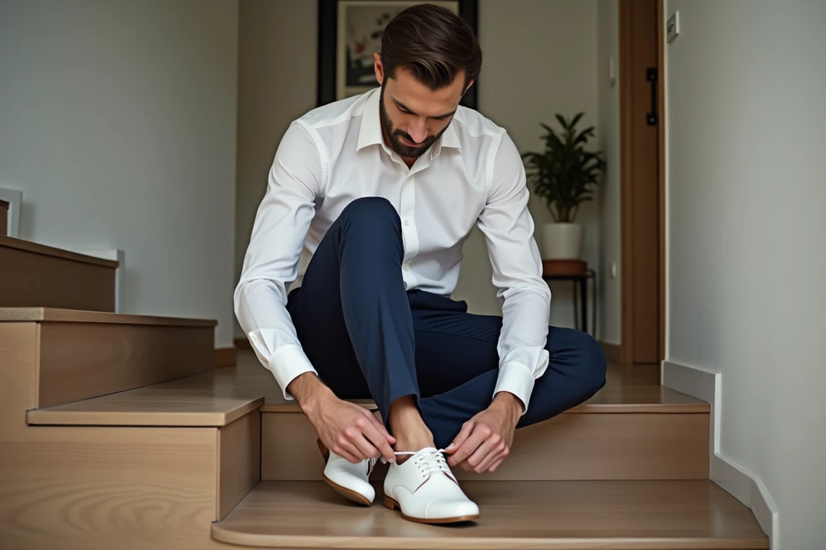 Homme en tenue casual attache ses chaussures de mariage