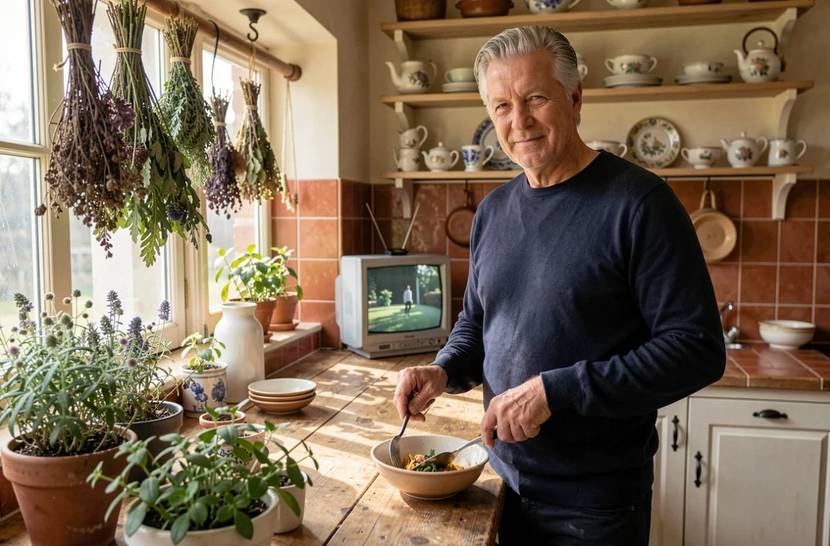 Homme en train de cuisiner dans une cuisine rustique française avec une télévision en arrière-plan
