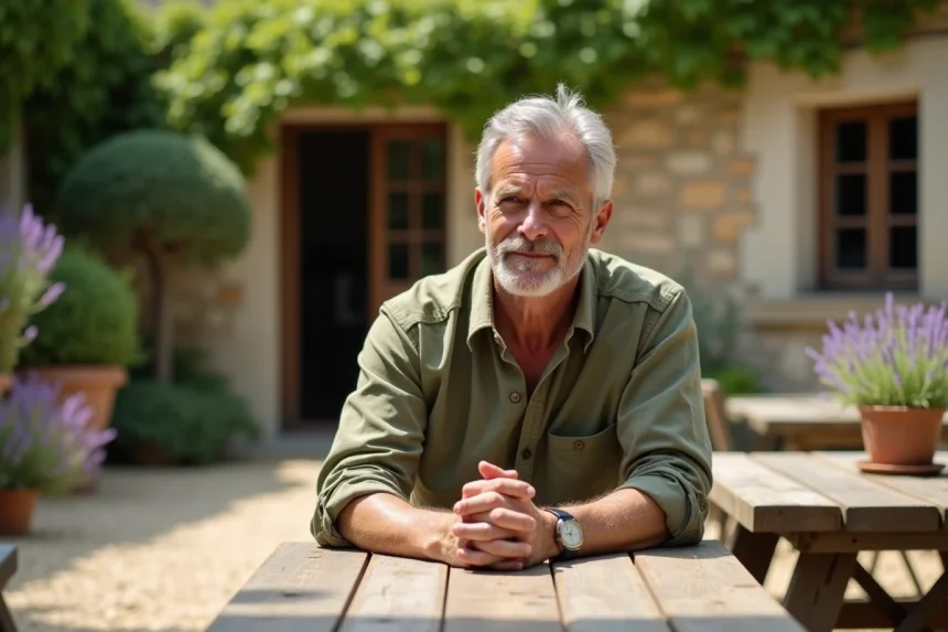 Portrait d'un homme aux cheveux argentés assis dans un jardin provençal, posture réfléchie évoquant une interview personnelle