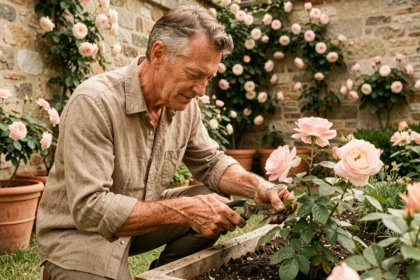 Homme jardinant avec soin dans un jardin fleuri à la française, ambiance paisible et naturelle