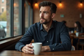 Homme marié pensif et silencieux dans un café, regard perdu dans le vide, expression ambiguë évoquant une attirance secrète ou un conflit intérieur