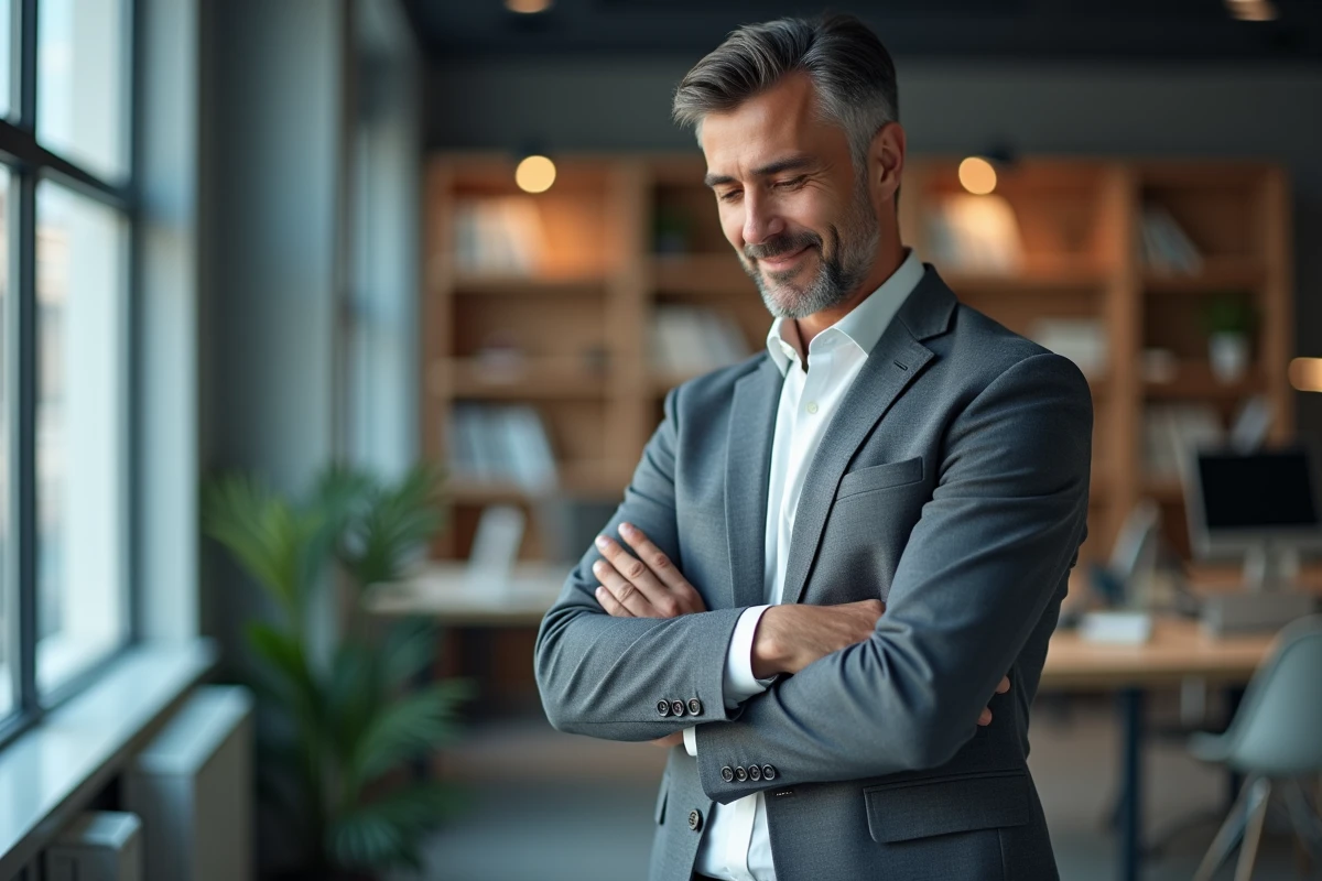 Homme d'une quarantaine d'années souriant discrètement à son téléphone dans un bureau, attitude ambiguë entre attirance passagère et sentiments plus profonds