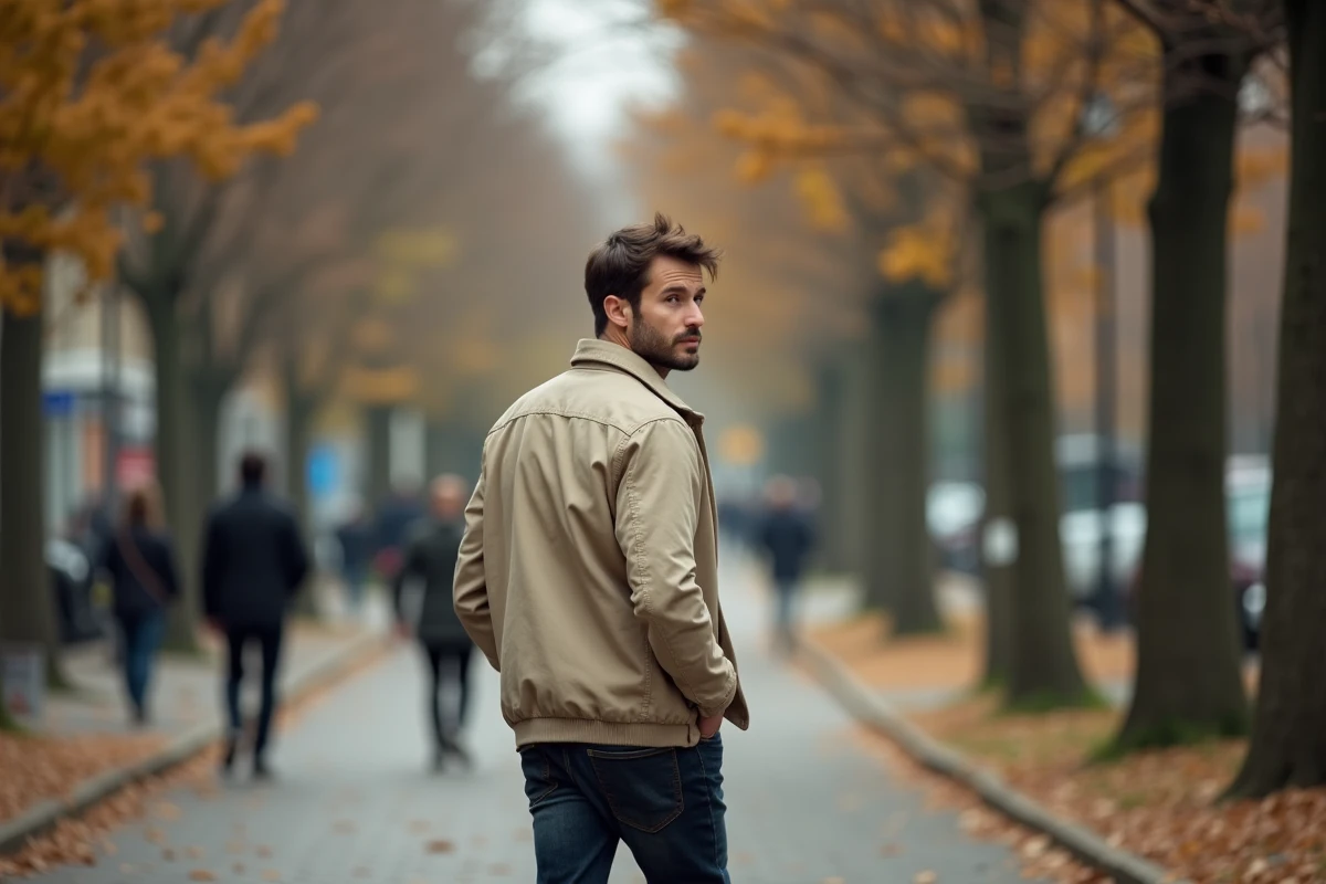 Homme dans la rue en automne regardant par-dessus son épaule avec une expression hésitante, symbolisant le doute et le secret d'une attirance non dite