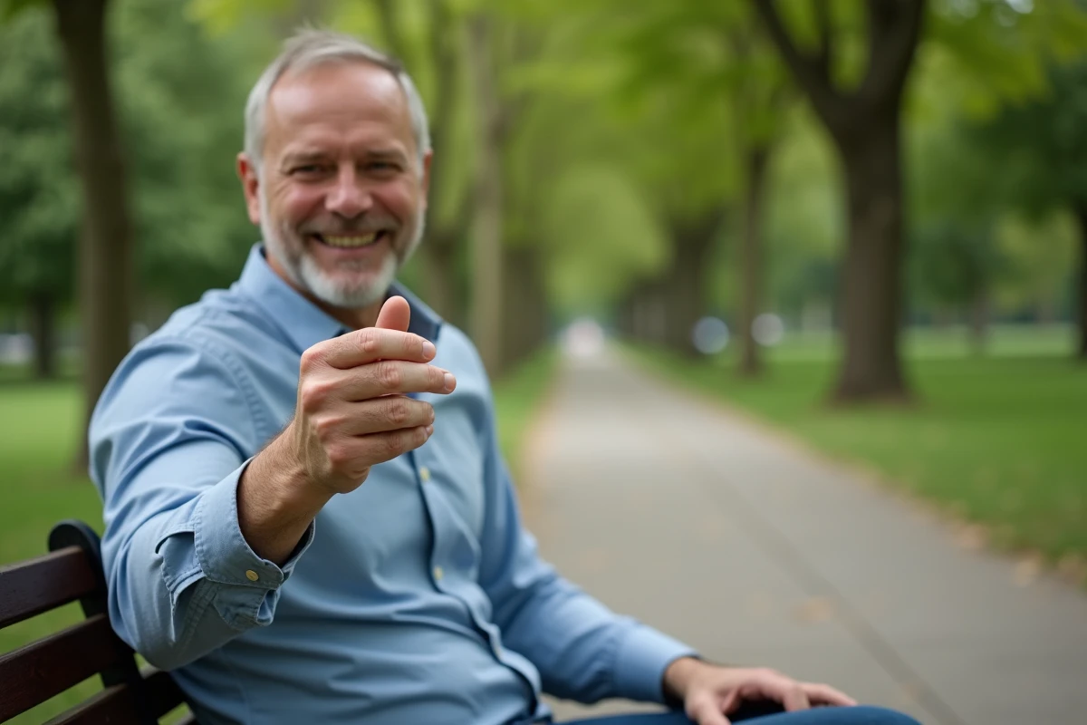 Homme souriant avec une bague dans un parc urbain