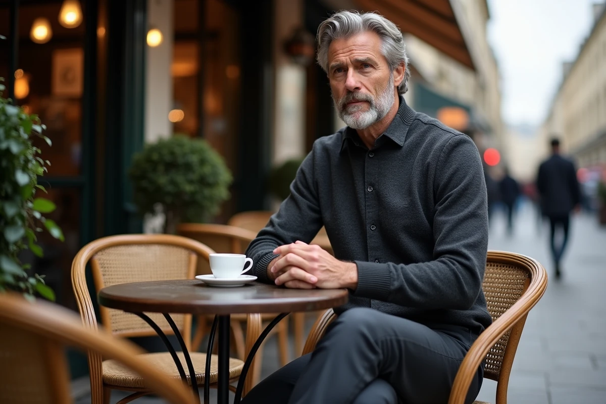 Homme pensif attablé en terrasse de café parisien, portrait éditorial intimiste autour de la vie privée et amoureuse