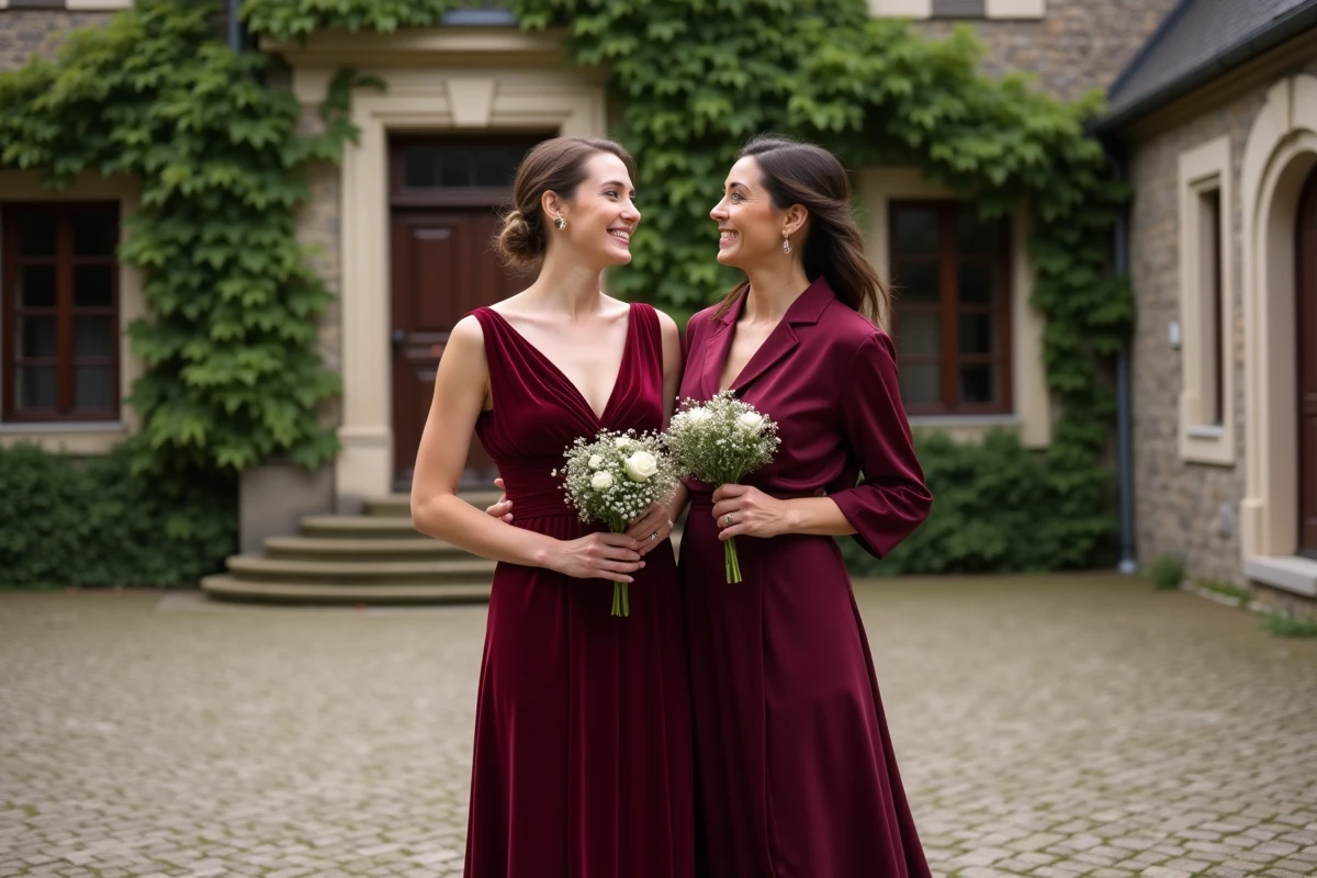 Deux invitées en robes bordeaux et prune élégantes respectant un dress code strict lors d'un mariage en château