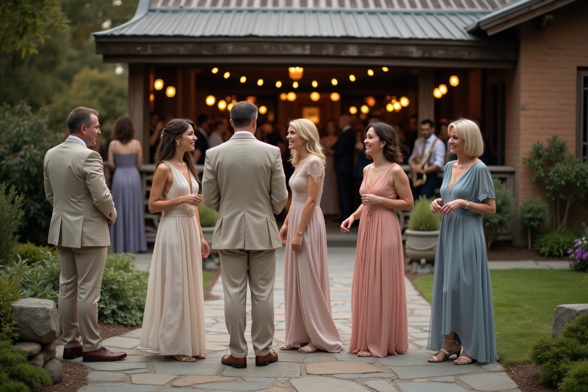 Invités discutant en extérieur lors d’un mariage rustique